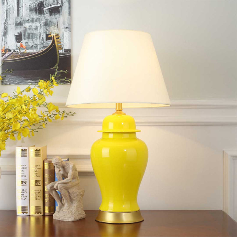 2X Oval Ceramic Table Lamps Gold Metal Base Fabric Drum Shade Yellow 60cm