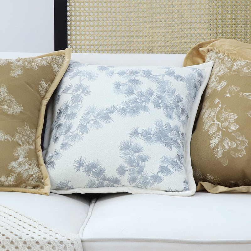 Cream White Throw Pillow 45cm Wide Border Branch Pine Needle Pattern Decor