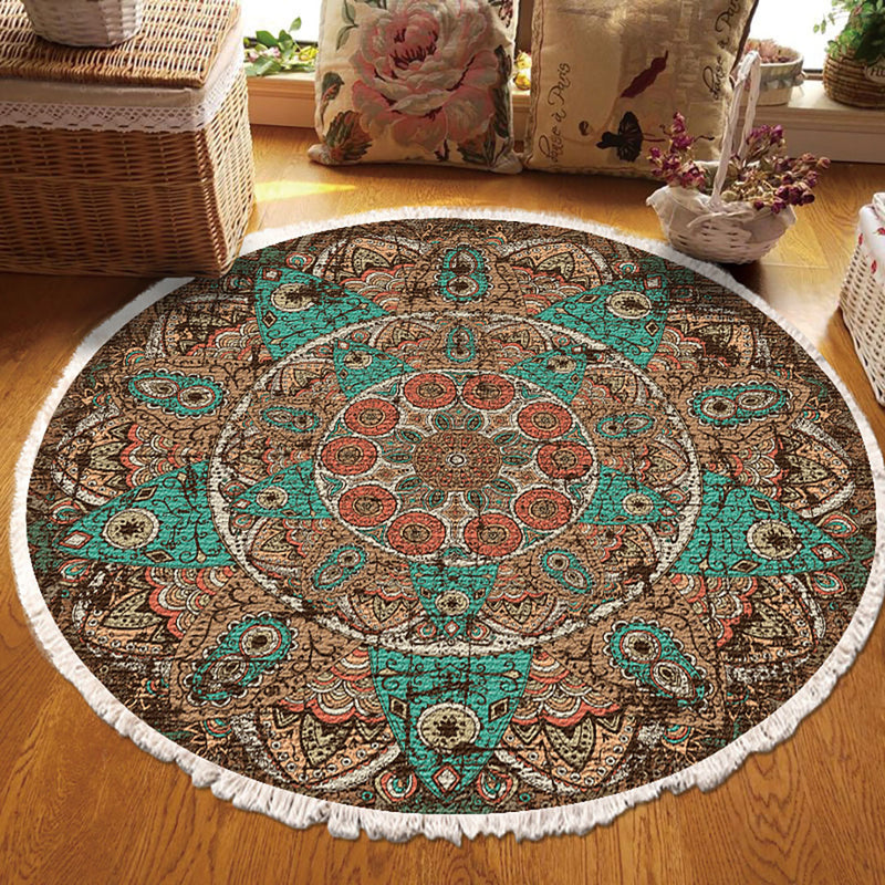 90cm Round Mandala Area Rug Polyester Thick Plush Anti Slip Backing