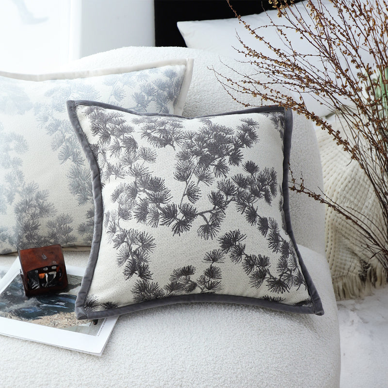 2X 45cm Throw Pillow Off White Wide Border Branch Pine Needle Pattern Decor