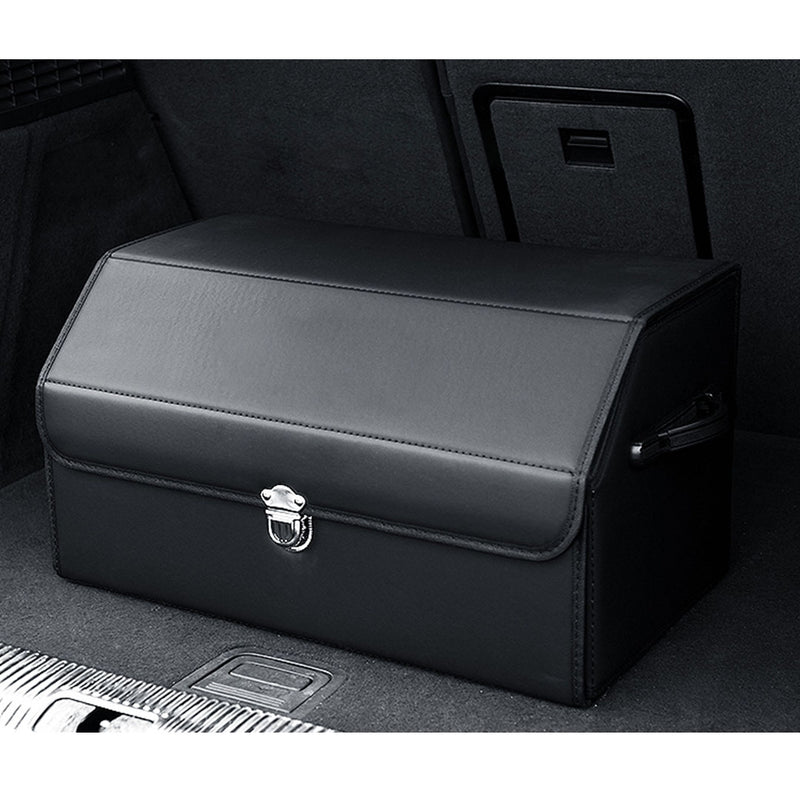 Leather Car Trunk Organizer Collapsible Foldable Storage Box With Lock Black Medium