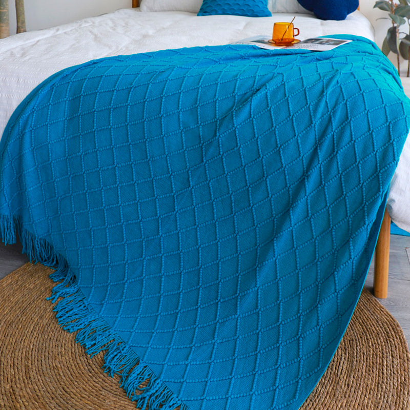 2X Blue Diamond Pattern Throw Blanket 100% Acrylic 130cmx230cm Tassels