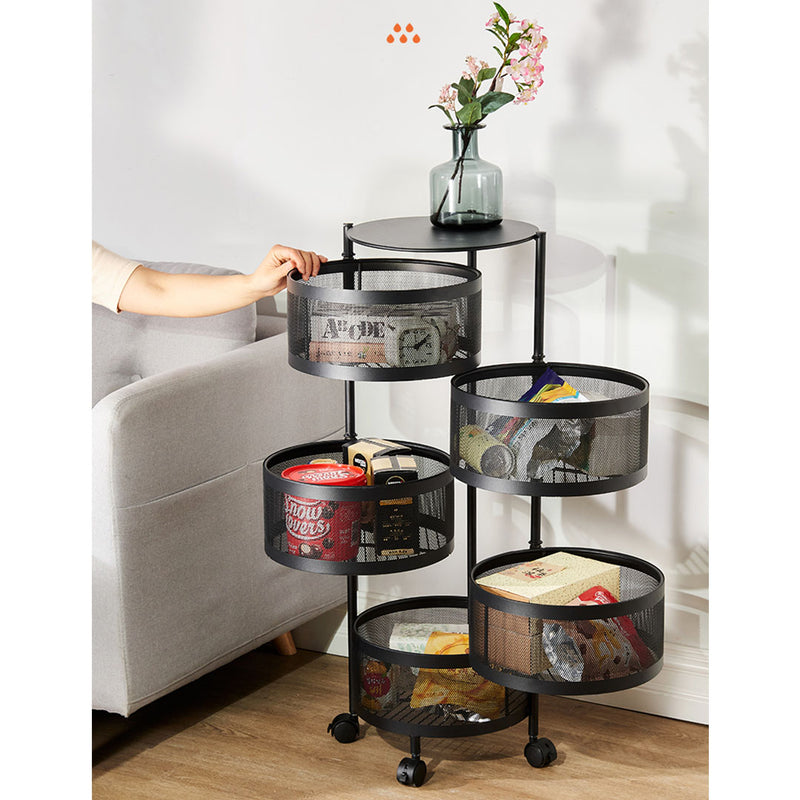 5 Tier Carbon Steel Rotating Kitchen Cart Mesh 92cm Black Locking Wheels