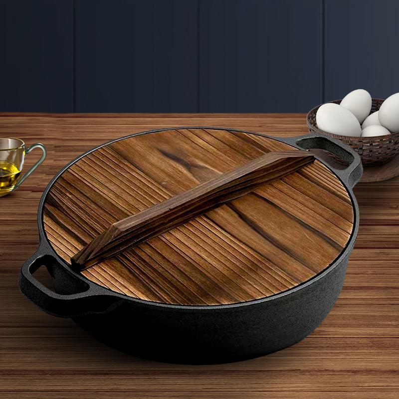 Round 29cm Cast Iron Deep Skillet Pan Pre Seasoned Non Stick Wooden Lid Black