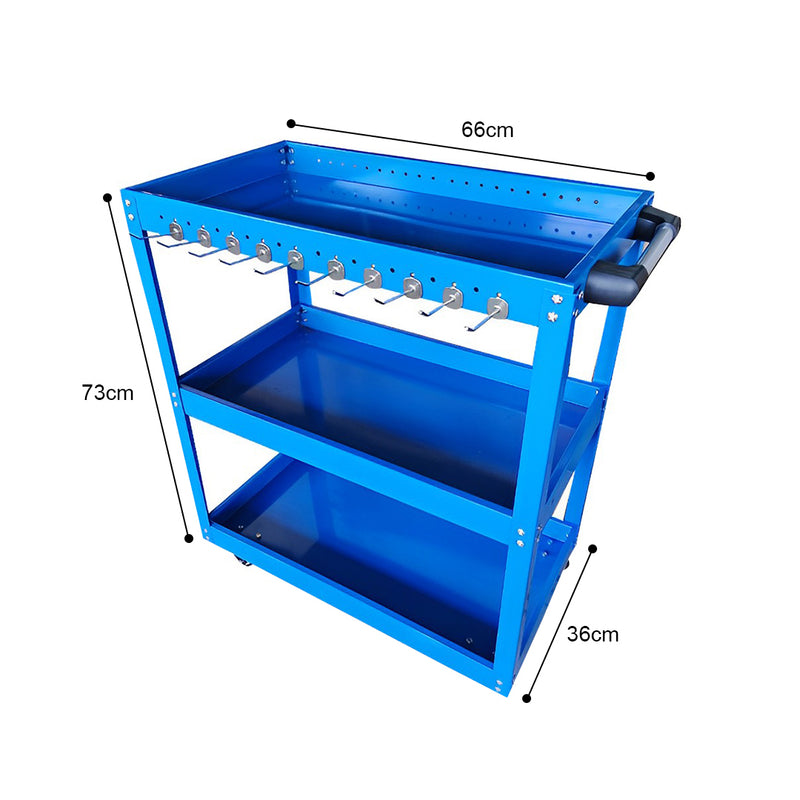 2X 3 Tier Tool Cart Cold Rolled Steel 66x36x73cm 40kg Per Tier Blue Hooks