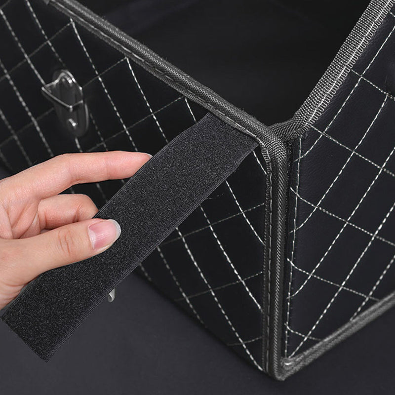 2X Leather Car Boot Organizer 38x31x29cm Foldable With Lock Black White Stitch