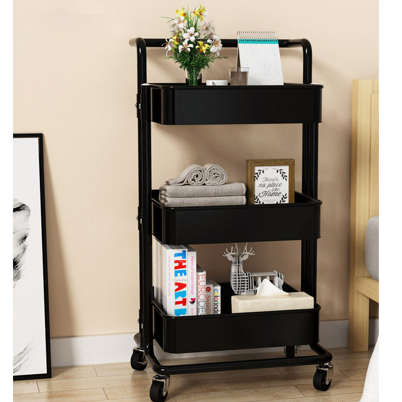 3 Tier Black Steel Kitchen Cart Multi-Functional Storage Shelves With Wheels