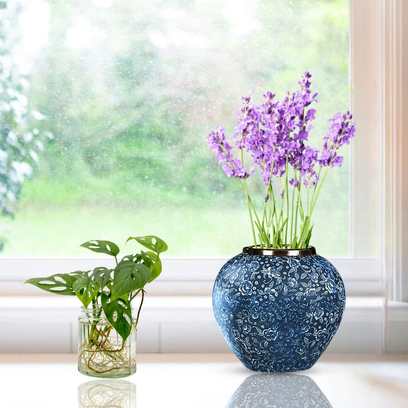 Small Ceramic Flower Vase 21x22Cm Blue With White Floral Handcrafted