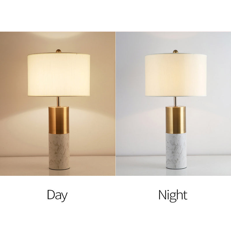 60cm White Marble Bedside Table Lamp Metal Fabric Drum Shade Plated Gold Base