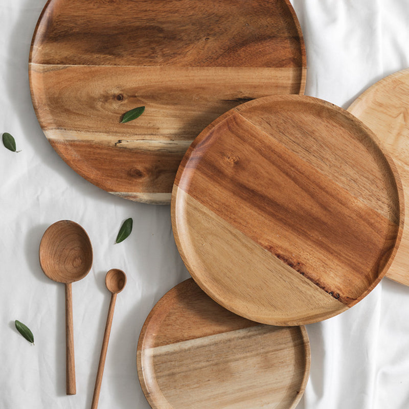 Serving Tray Acacia Wood 25cm Round Removable Slate Center Brown