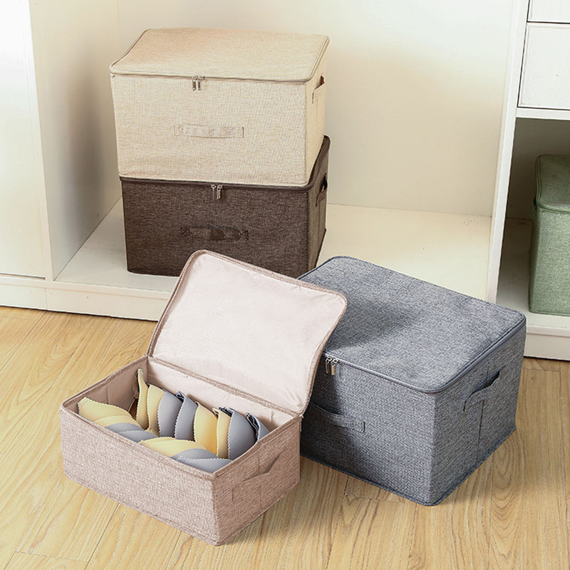 Small Beige Foldable Storage Box 38cmx26cmx15cm Polyester Cotton Double Zipper