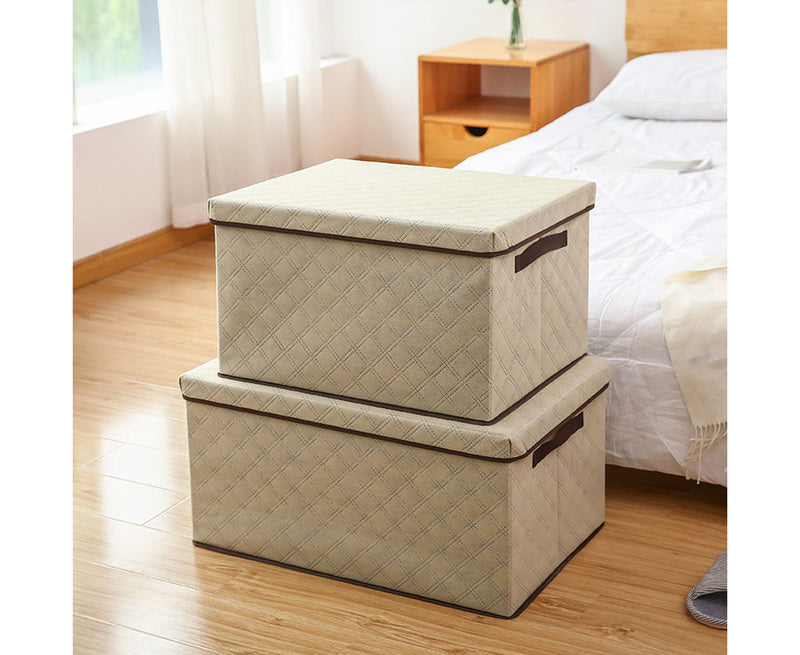 Small Beige Diamond Grid Non-Woven Fabric Storage Box With Lid 35x28x18cm