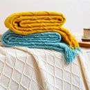 Yellow Acrylic Knitted Throw Blanket 130x230cm Geometric Diamond Tassels