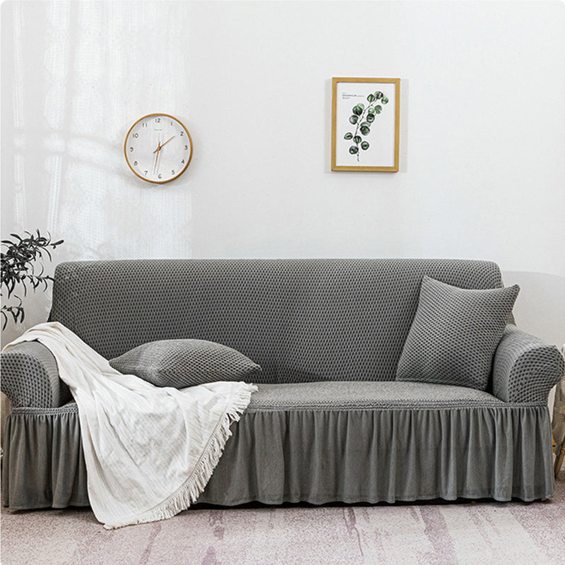 4-Seater Grey Polyester Sofa Cover With Ruffled Skirt High Stretch Protector