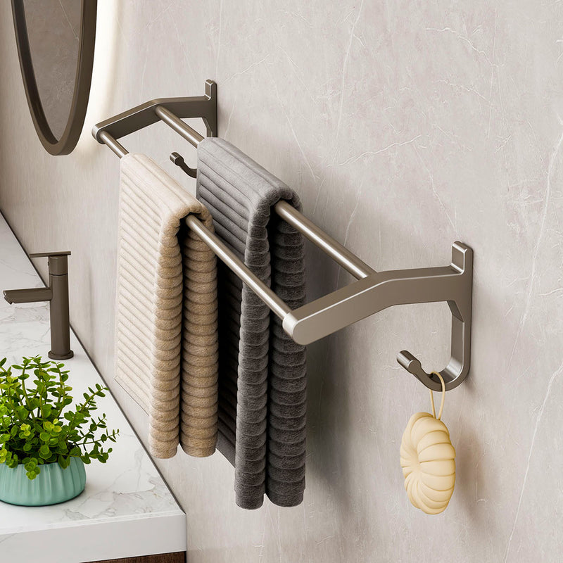 62cm Aluminum Wall Mounted Double Pole Towel Rack Gray Rust Proof With Hooks