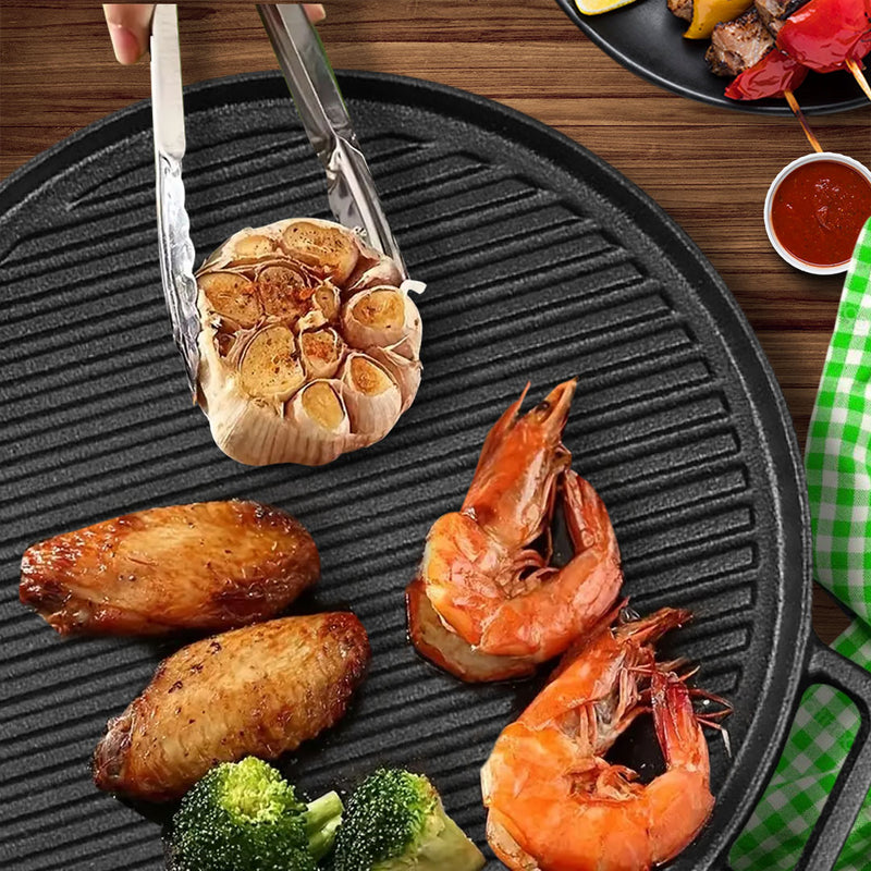 Round Cast Iron Ribbed BBQ Pan Skillet 30cm Pre-Seasoned Non-Stick Black