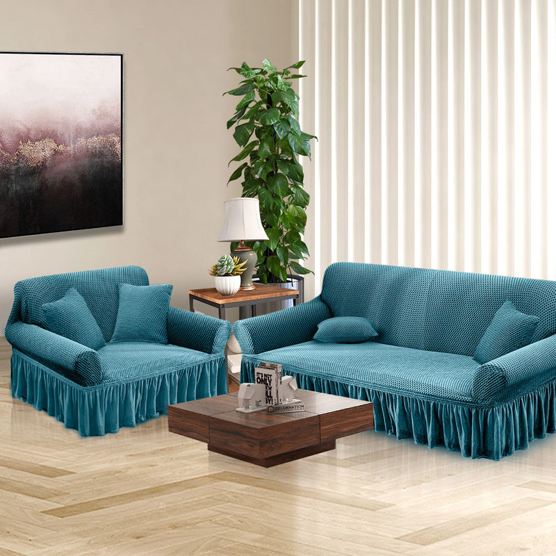 2 Seater Polyester Sofa Cover Ruffled Skirt High Stretch Blue Fits 145 To 185 Cm