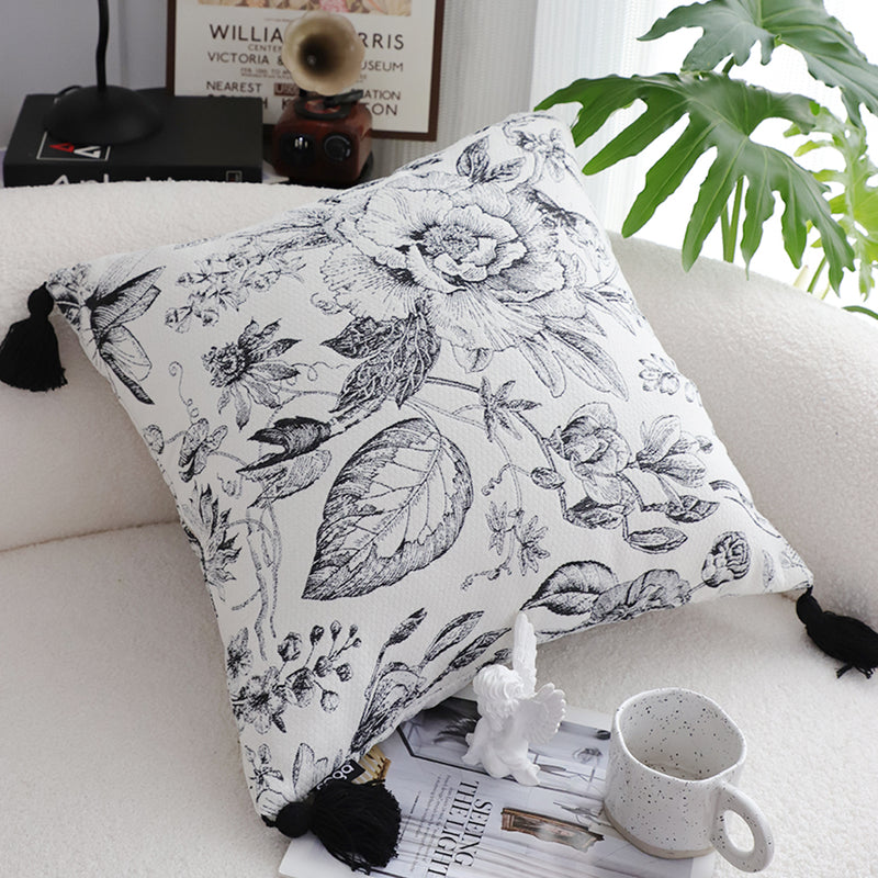 Throw Pillow 50x50x18cm Polyester Cotton Black And White Floral Tassels