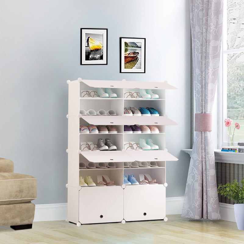 7 Tier 2 Column White Shoe Rack Organizer Dust-Free Stackable Storage Stand