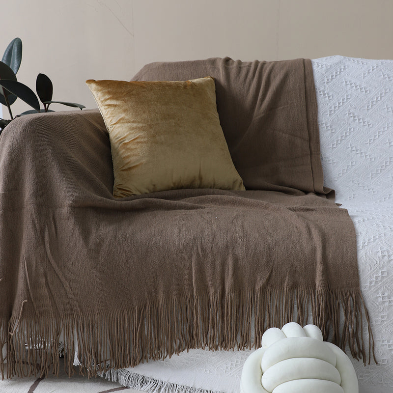 Acrylic Knitted Throw Blanket 130cmx220cm Fringed Cozy Coffee
