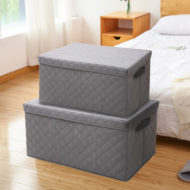 2X Small Grey Non Woven Diamond Quilted Grid Storage Box 60L 35x28x18cm Lid