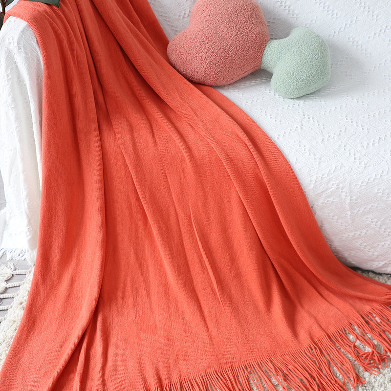 Orange Acrylic Knitted Throw Blanket Solid Fringed 130x220cm Warm Cozy Decor