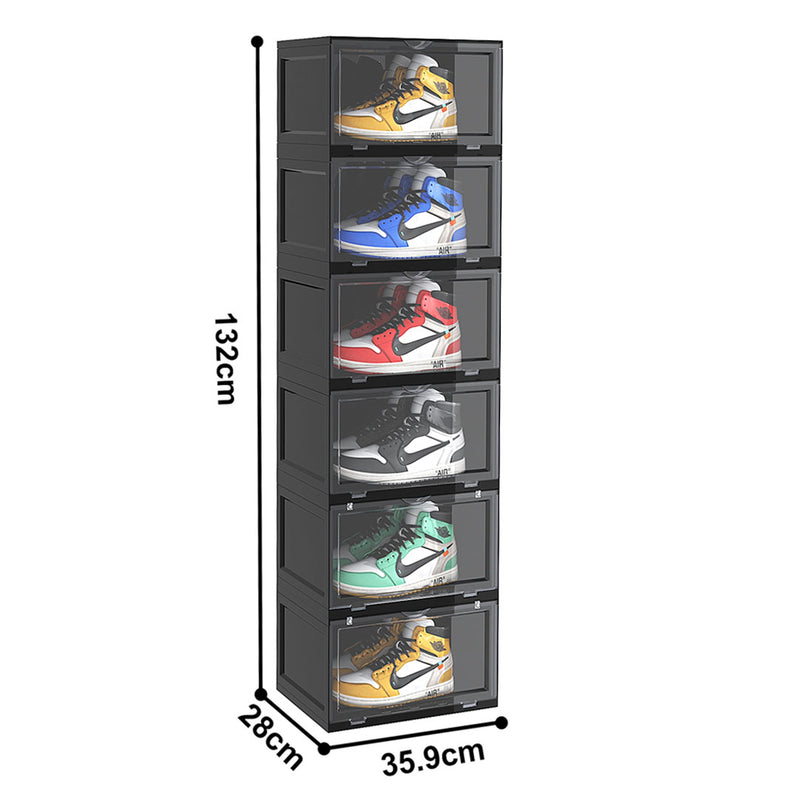 2X 6 Tier Plastic Shoe Organiser Black Stackable Transparent Magnetic Door