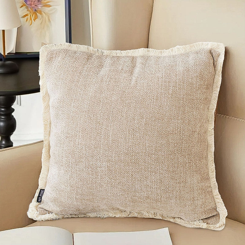 2X 45cm Plush Velvet Chenille Tassel Square Throw Pillow Milk Coffee