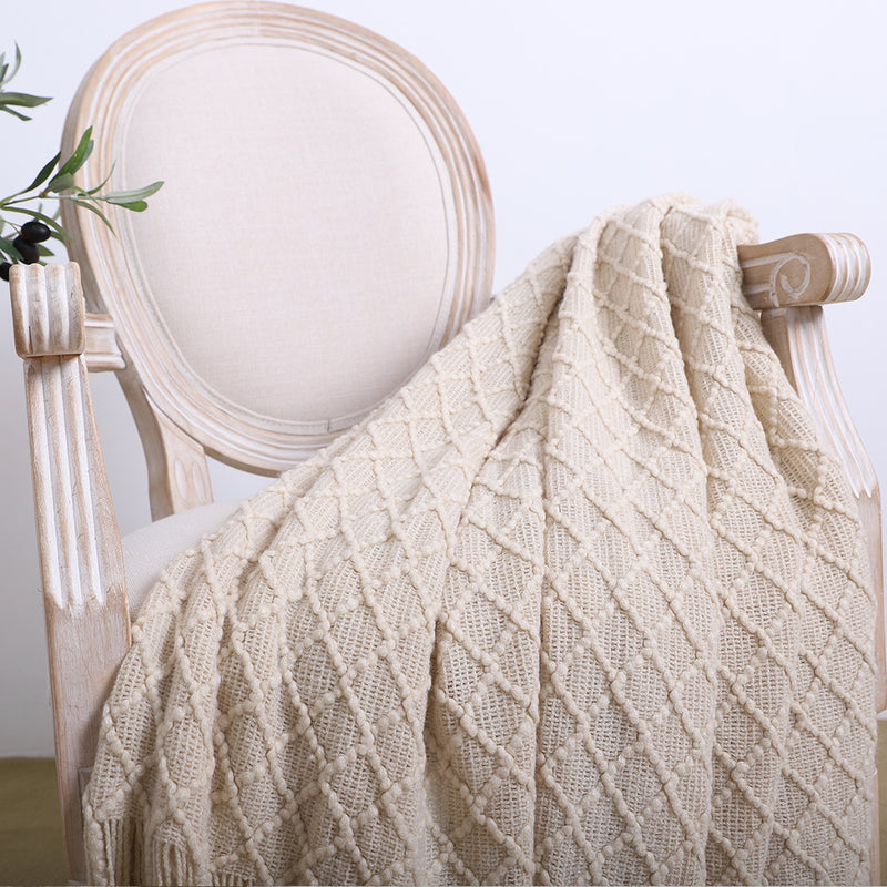 2X Beige Diamond Pattern Knitted Throw Blanket 130x170cm with Tassels