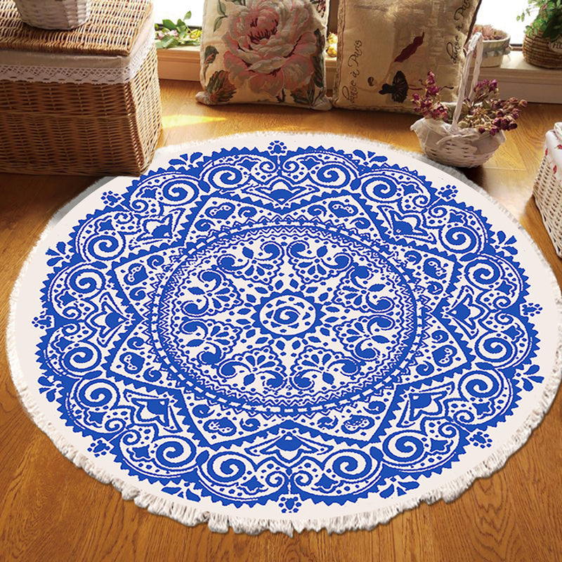 120cm Round Area Rug Polyester Fiber Anti Slip Backing Mandala Blue