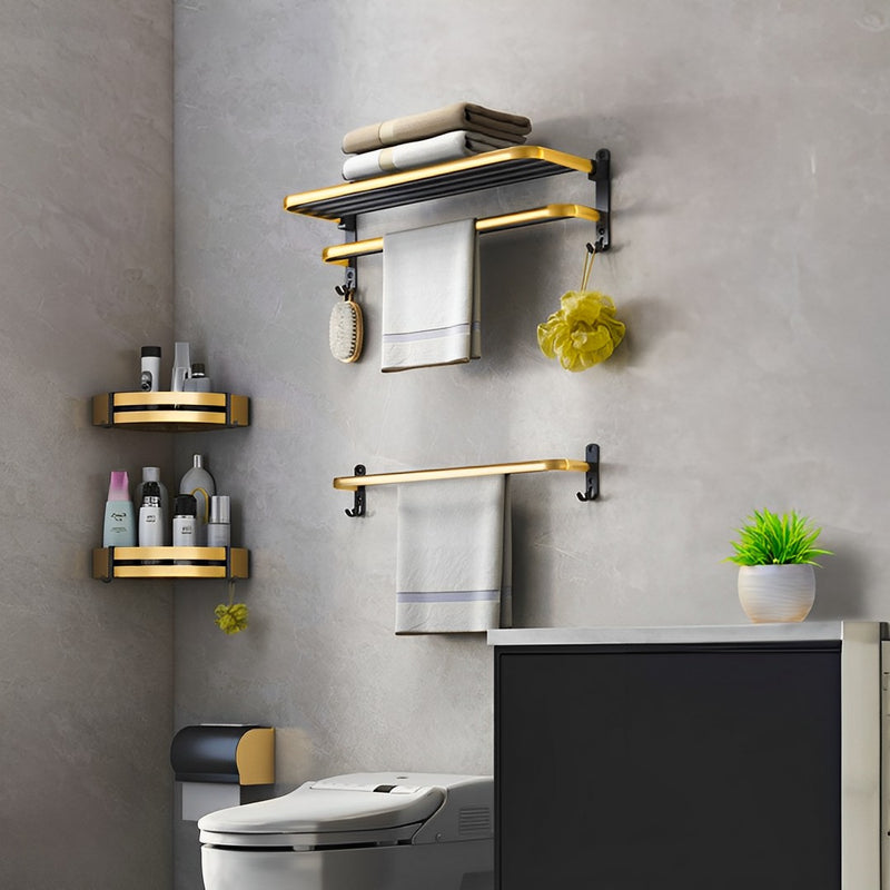 2X 62cm Wall Mounted Double Pole Aluminum Towel Rack Black Gold With Hooks