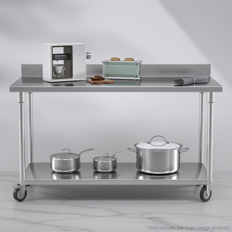 150cm Stainless Steel Prep Workbench Undershelf With Backsplash Casters 200kg