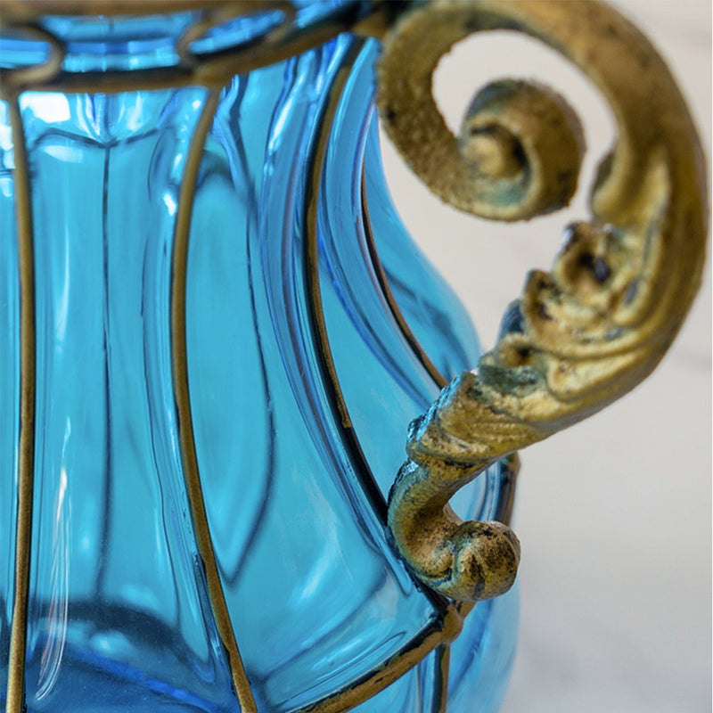 Blue Glass Vase Gold Metal Trim 10x14x26cm 8 Bunch 3 Heads Pink Silk Hibiscus