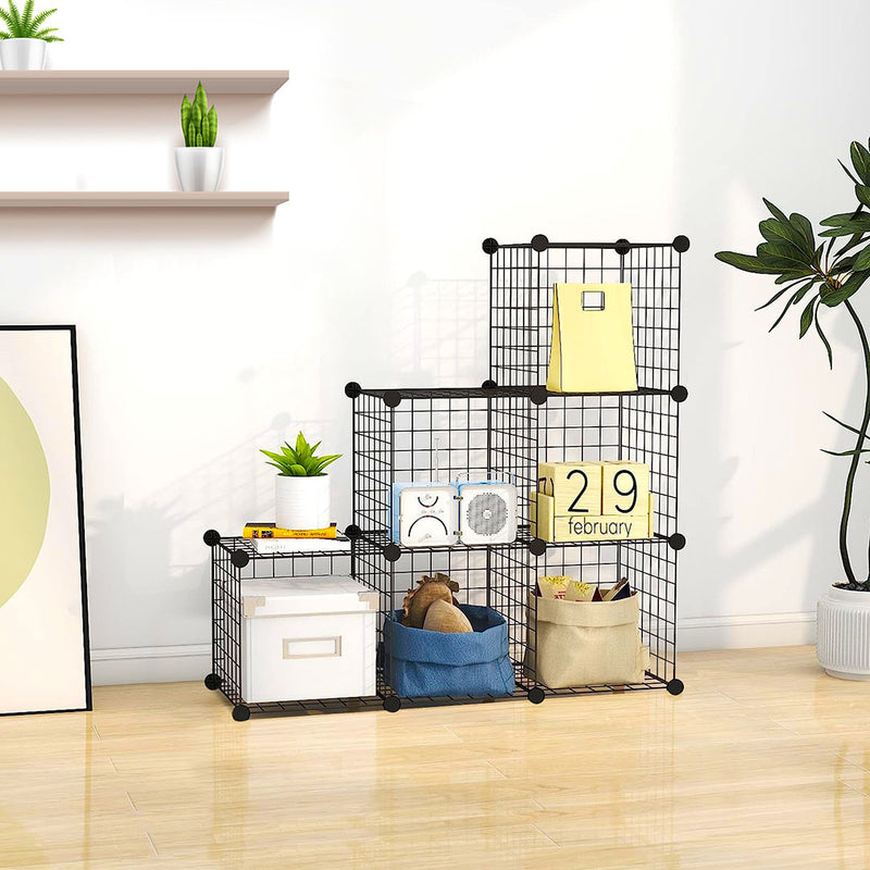 2X Black 6 Cube Portable Modular Wire Mesh Storage Organizer 110x37x110cm