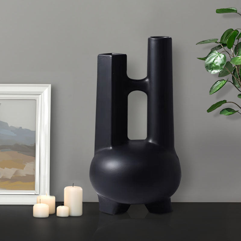 Geometric Double Tube Ceramic Vase 20.5x36.5cm Minimalist Black Sculpture
