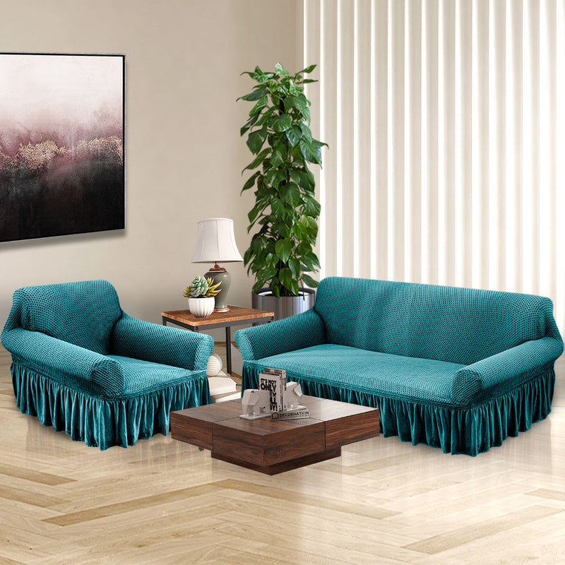 1 Seater Blue Sofa Cover Polyester Stretch Ruffled Skirt 90 To 140cm