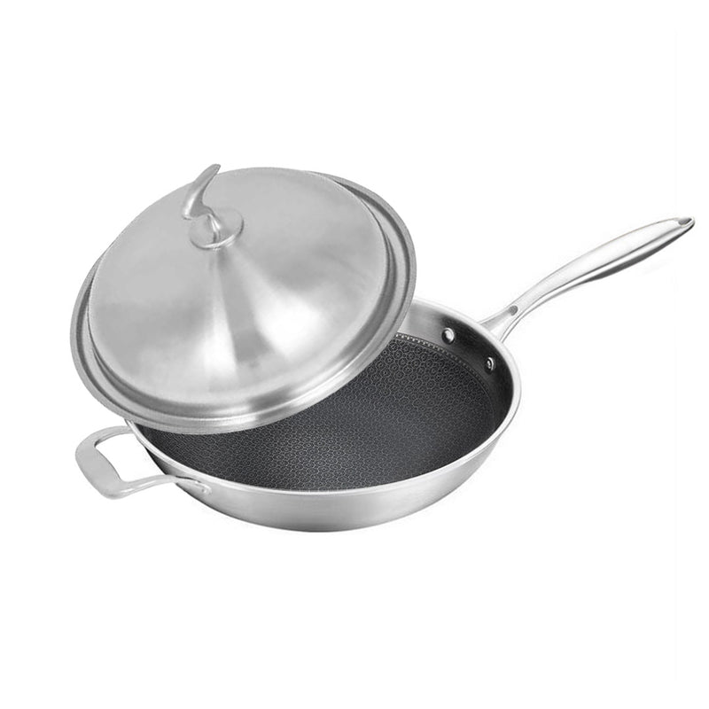 34cm Stainless Steel Non Stick Fry Pan Textured Interior Helper Handle Lid