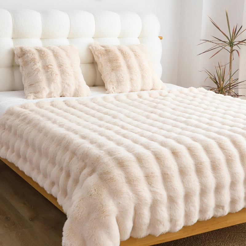 160X200cm Synthetic Rabbit Fur Throw Blanket Double Layer Polyester Light Camel