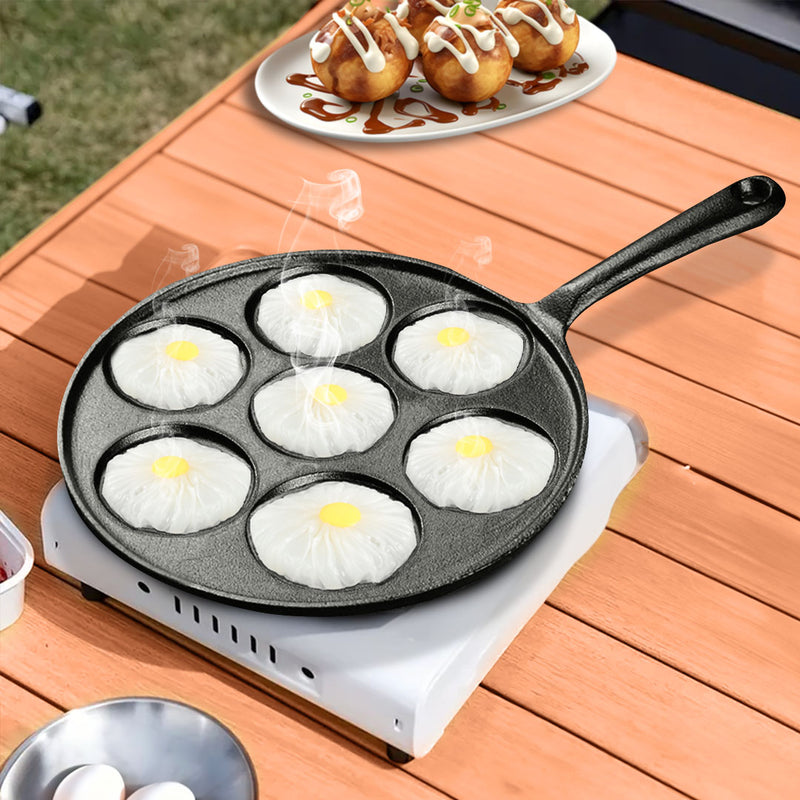 Cast Iron Takoyaki Fry Pan 7 Hole Mold 23cm Nonstick Skillet for Octopus Balls