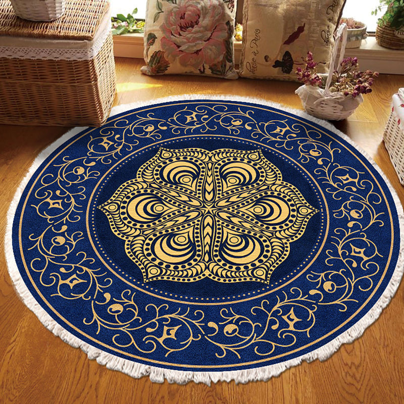 2X 90cm Round Polyester Area Rug Mandala Turquoise Grey Anti Slip Backing