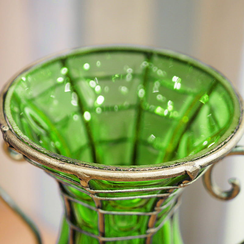 Green Glass Gold Metal Vase 20x13x47cm 8 Bunch 5 Heads Artificial Silk Rose