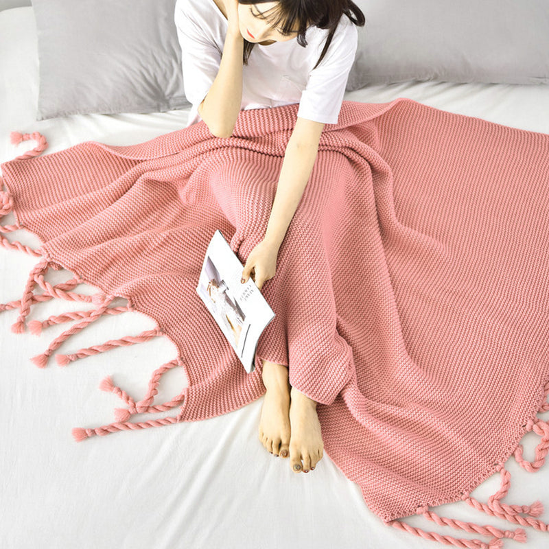2X Pink Knitted Throw Blanket Acrylic 130cmx170cm Tassel Fringe Waffle Weave