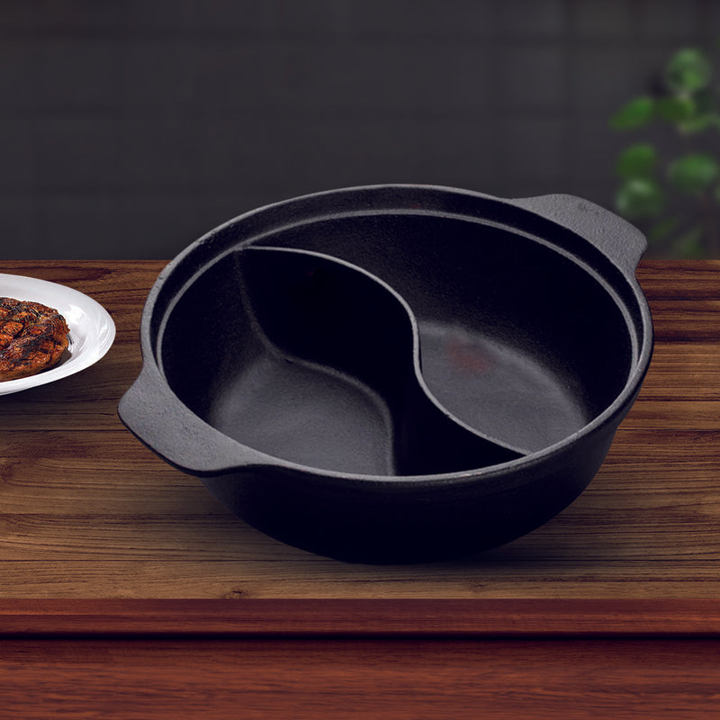 2X Round Cast Iron Shabu Shabu Hotpot 32CM Non-Stick Black Wok Dual Flavor