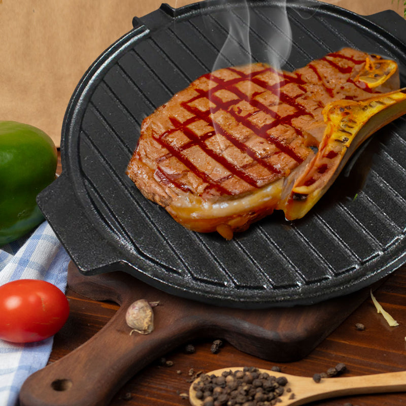 2X 30CM Round Cast Iron BBQ Grill Pan With Handles Non Stick Black Camping