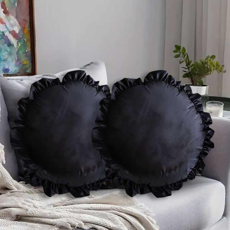 2X Velvet Round Throw Pillow 45CM Black Lotus Leaf Edge Vintage Decor Cushion