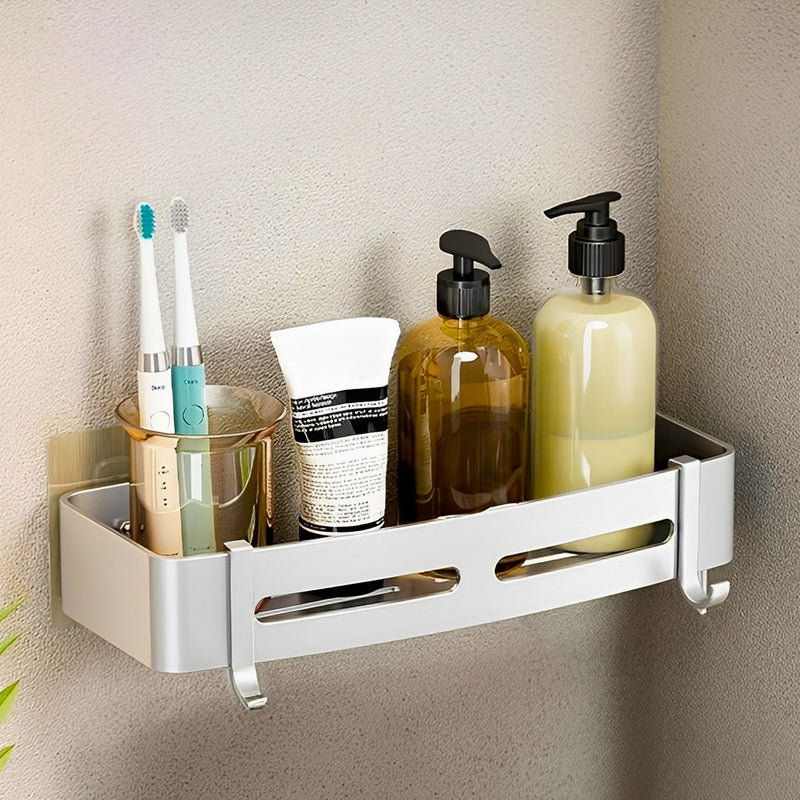 2X Silver Aluminum Wall Mounted Bathroom Shelf Rack With Hooks 33x15x6cm