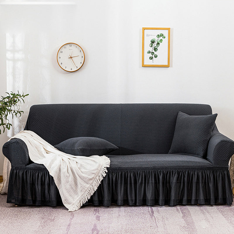 4-Seater Dark Grey Polyester Sofa Cover Ruffled Skirt High Stretch Protector