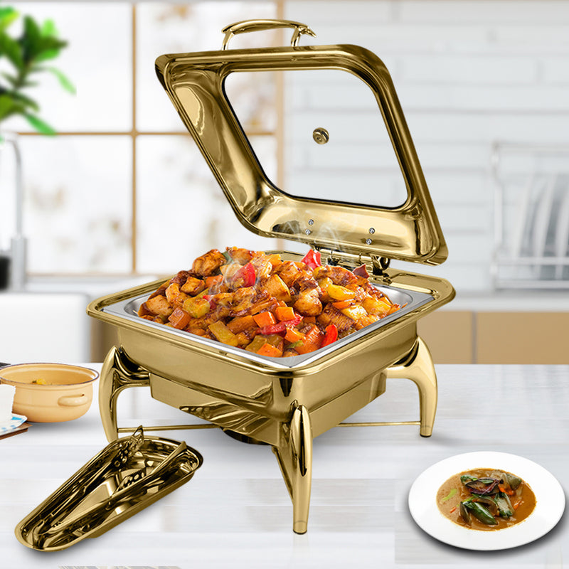 Gold Stainless Steel 6L Square Chafing Dish Buffet Food Warmer With Lid