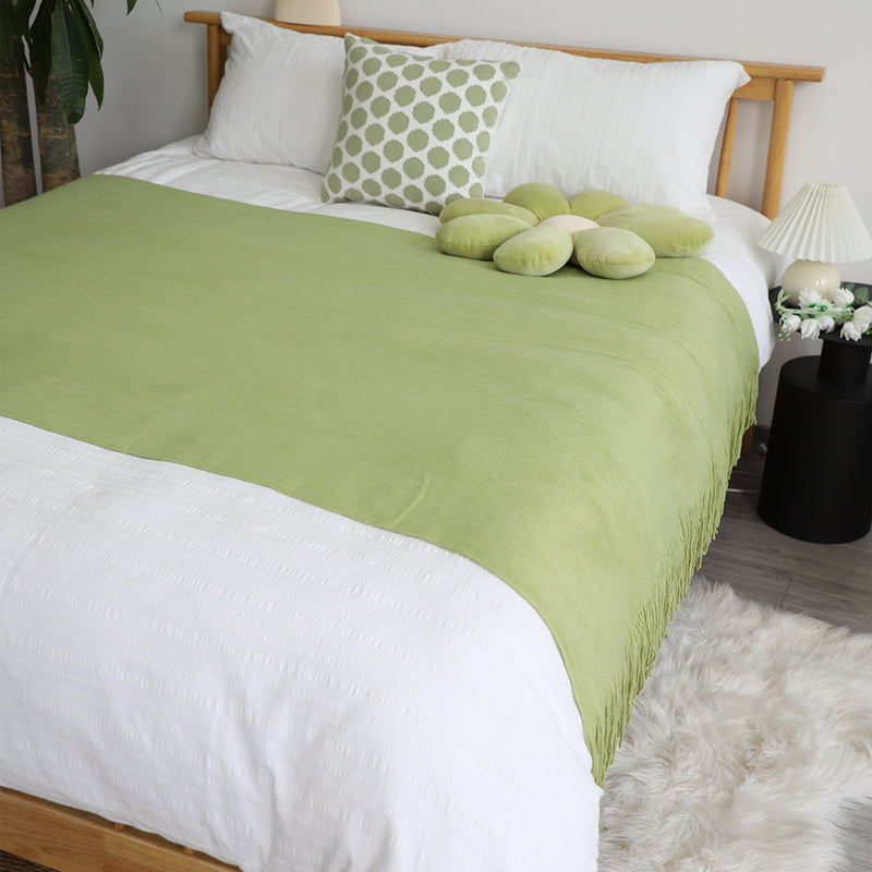 Green Acrylic Knitted Throw Blanket 130cmx220cm Solid Fringed Home Decor