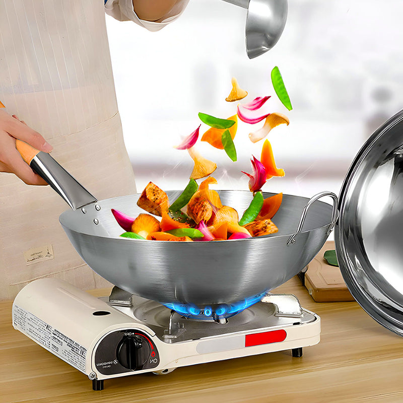 38cm Stainless Steel Wok Wood Handle Commercial Kitchen Lightweight